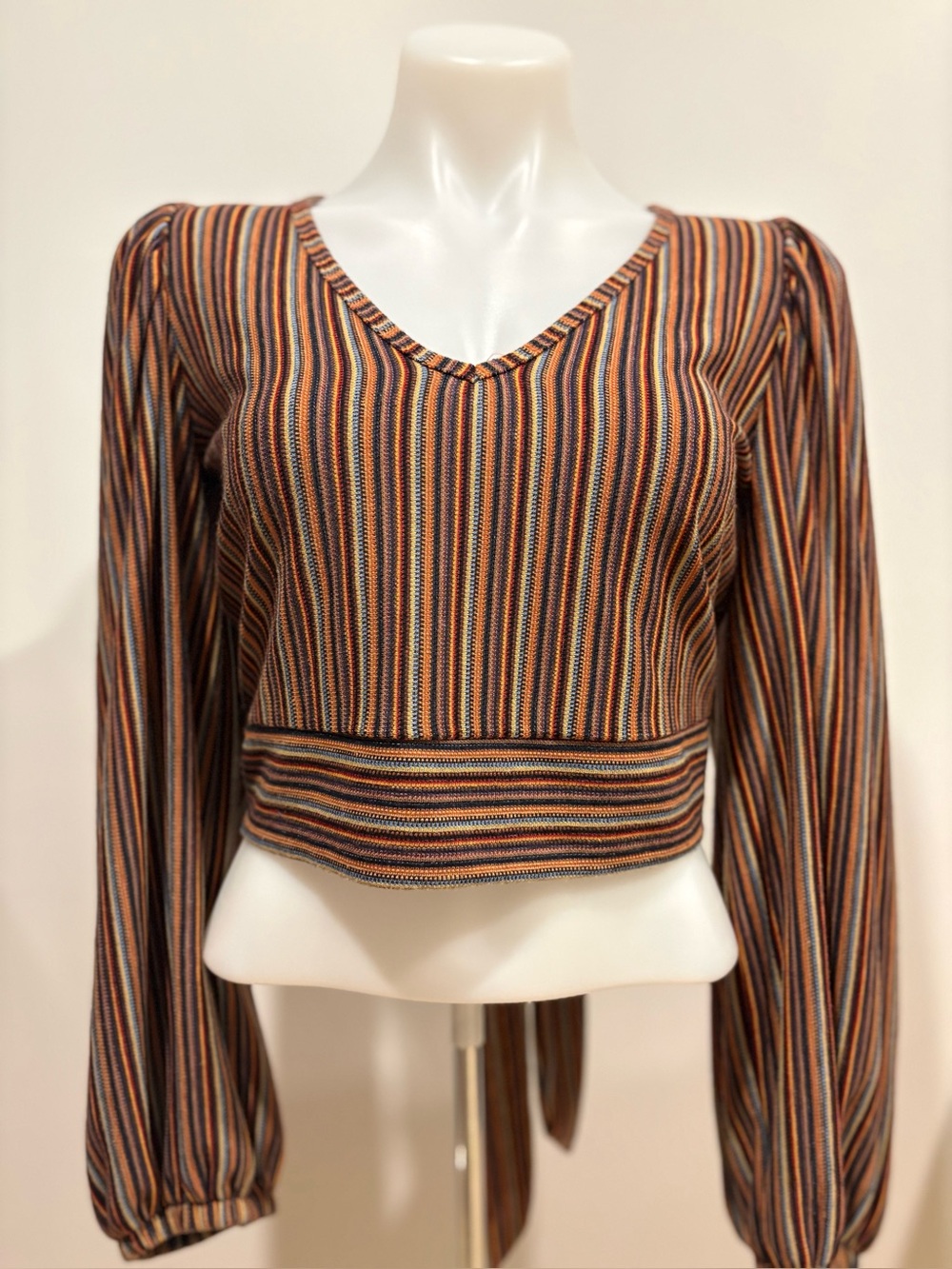 Free People Brown Multi Striped V-Neck Crop Top with open back tie